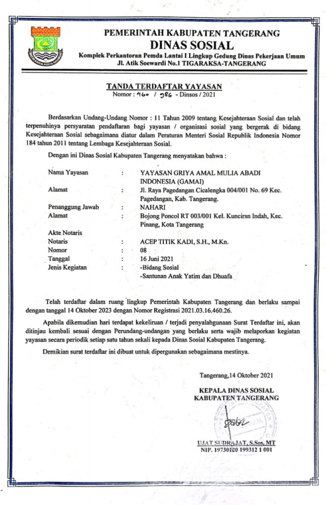 Surat keterangan Dinas Sosial GAMAI
